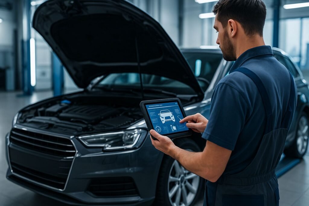Mechaniker bei moderner Fahrzeugdiagnose in Sottrum – digitale Fehlerspeicheranalyse mit Tablet in der Werkstatt